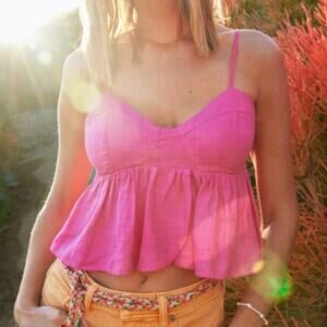 American Eagle Pink Linen Blend Peplum Cami Top M EUC Smocked Back Summer